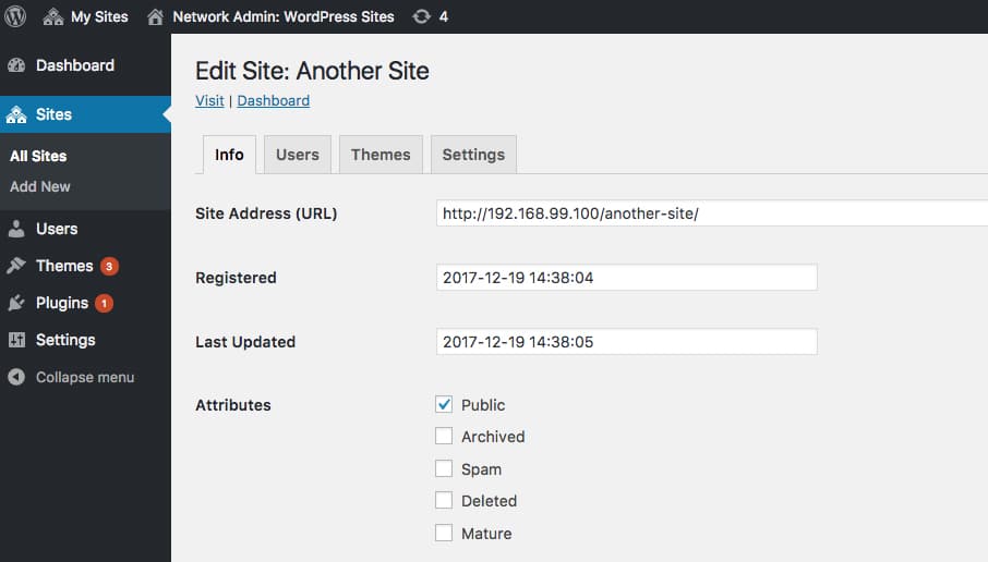 Benutzeroberfläche im WordPress Multisite Backend der Seitenverwaltung