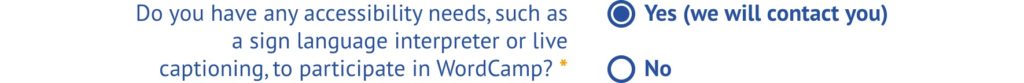 Feld zur Abfrage von speziellen Bedürfnissen bei der Anmeldung zu WordCamp Europe Online 2020