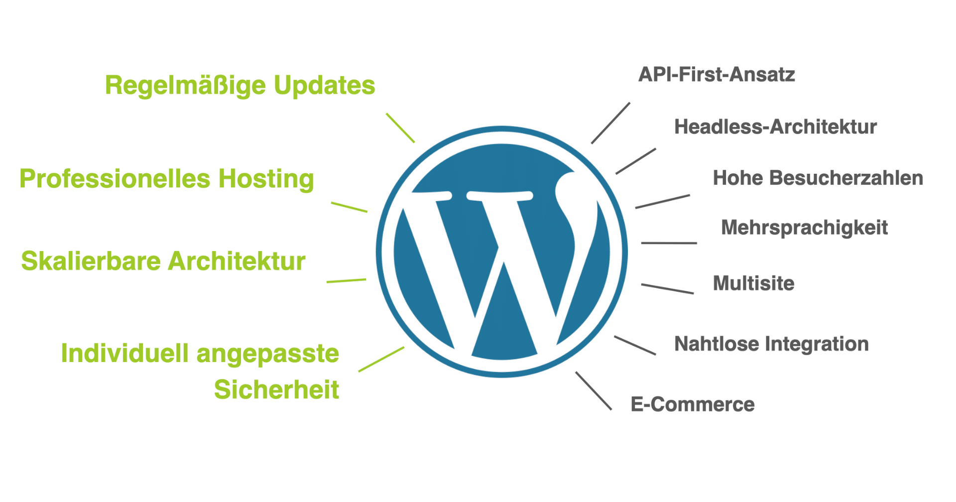 WordPress-Logo mit den damit verbundenen Vorteilen: Regelmäßige Updates, professionelles Hosting, skalierbare Architektur, angepasste Sicherheit, API-First, Headless, hohes Datenverkehrsaufkommen, mehrsprachig, Multisite, nahtlose Integration, E-Commerce.